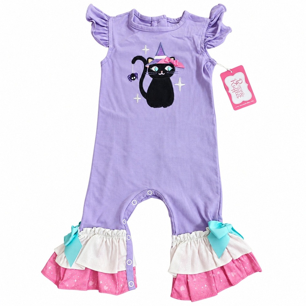 NEW Witch Cat Ricrac & Ruffles Halloween Baby Girls Purple Jumpsuit Romper